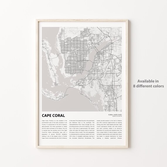 Cape Coral Map Print Travel Wall Decor Art Florida Housewarming Gift