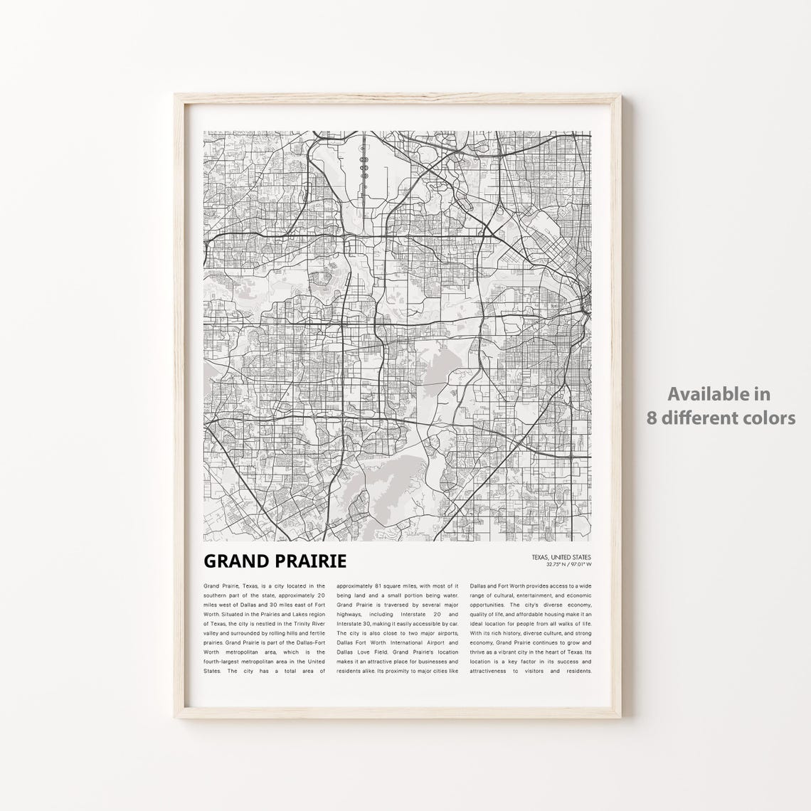 Grand Prairie Texas Minimalist Street Map City Travel Poster