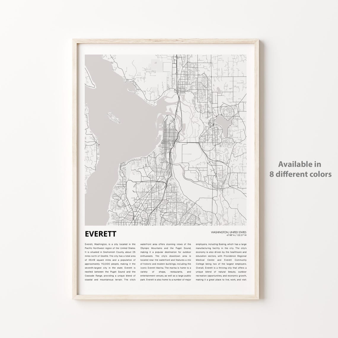 Everett Washington Puget Sound City Street Map Minimalist Art Print