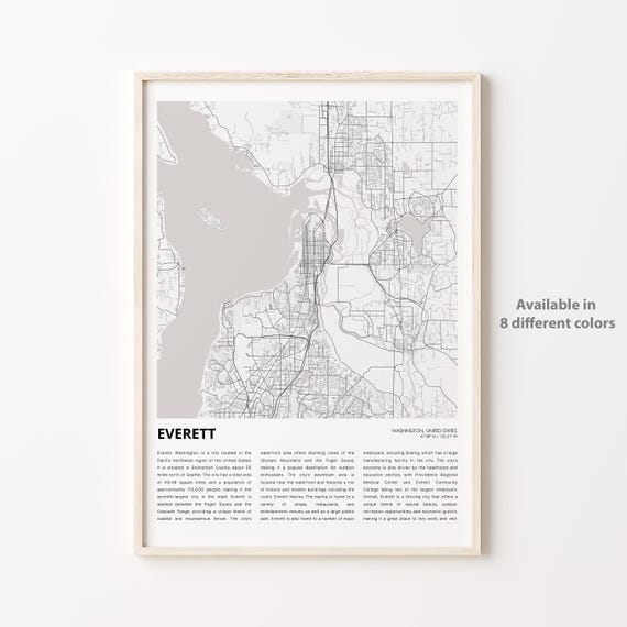 Everett Map Print Travel Wall Decor Art Washington Housewarming Gift