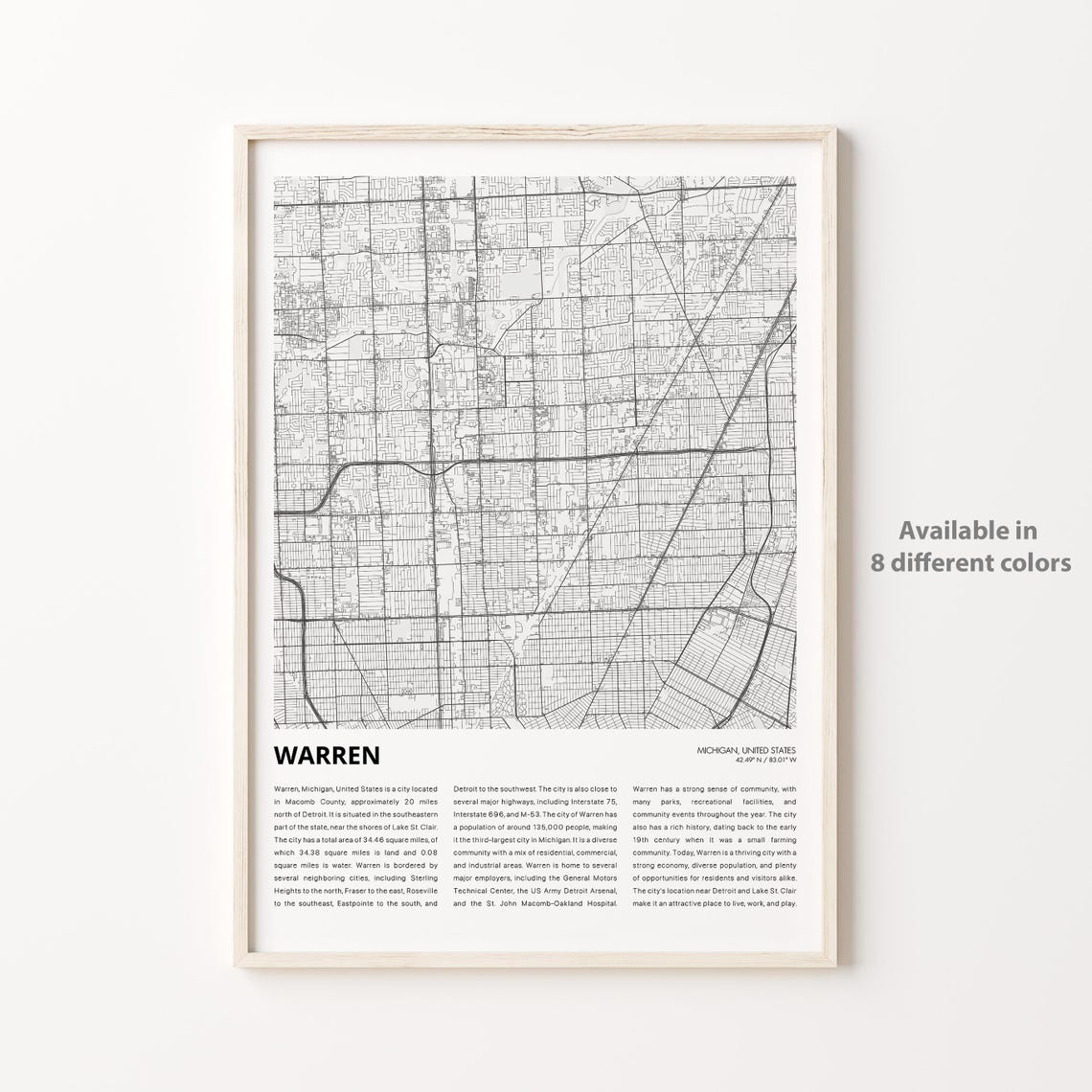 Warren Michigan USA Minimalist Street Map Monochrome Art Poster