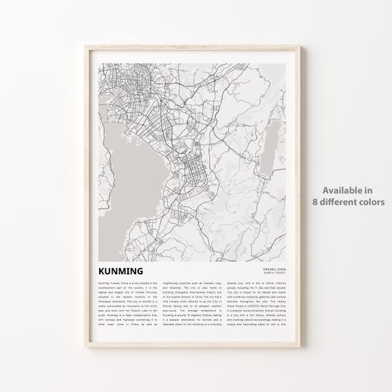Kunming Map Print Travel Wall Decor Art Yunnan Housewarming Gift
