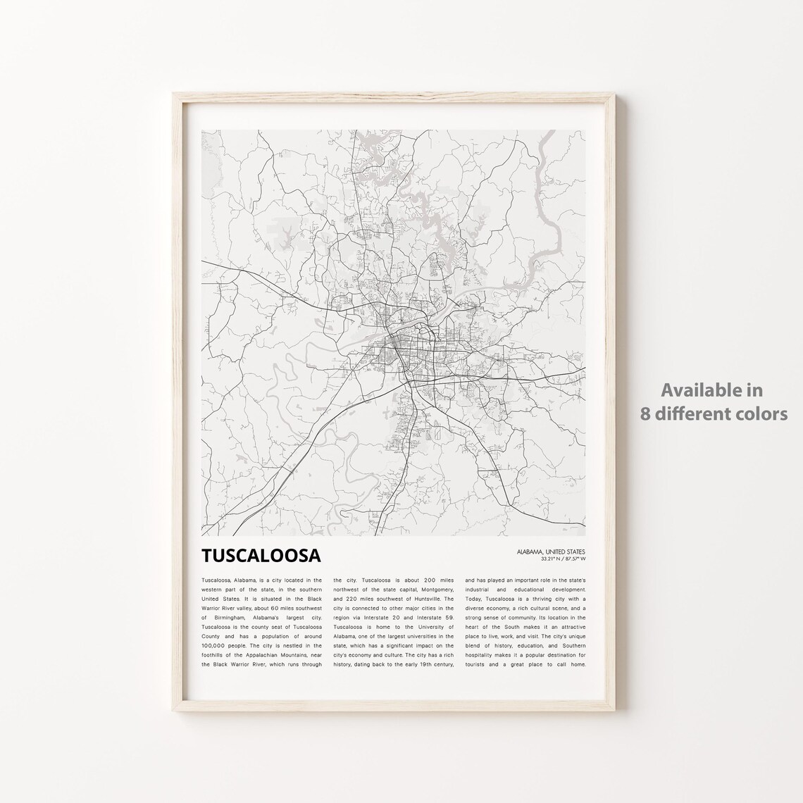 Tuscaloosa Alabama City Street Map Minimalist Black White Travel Poster