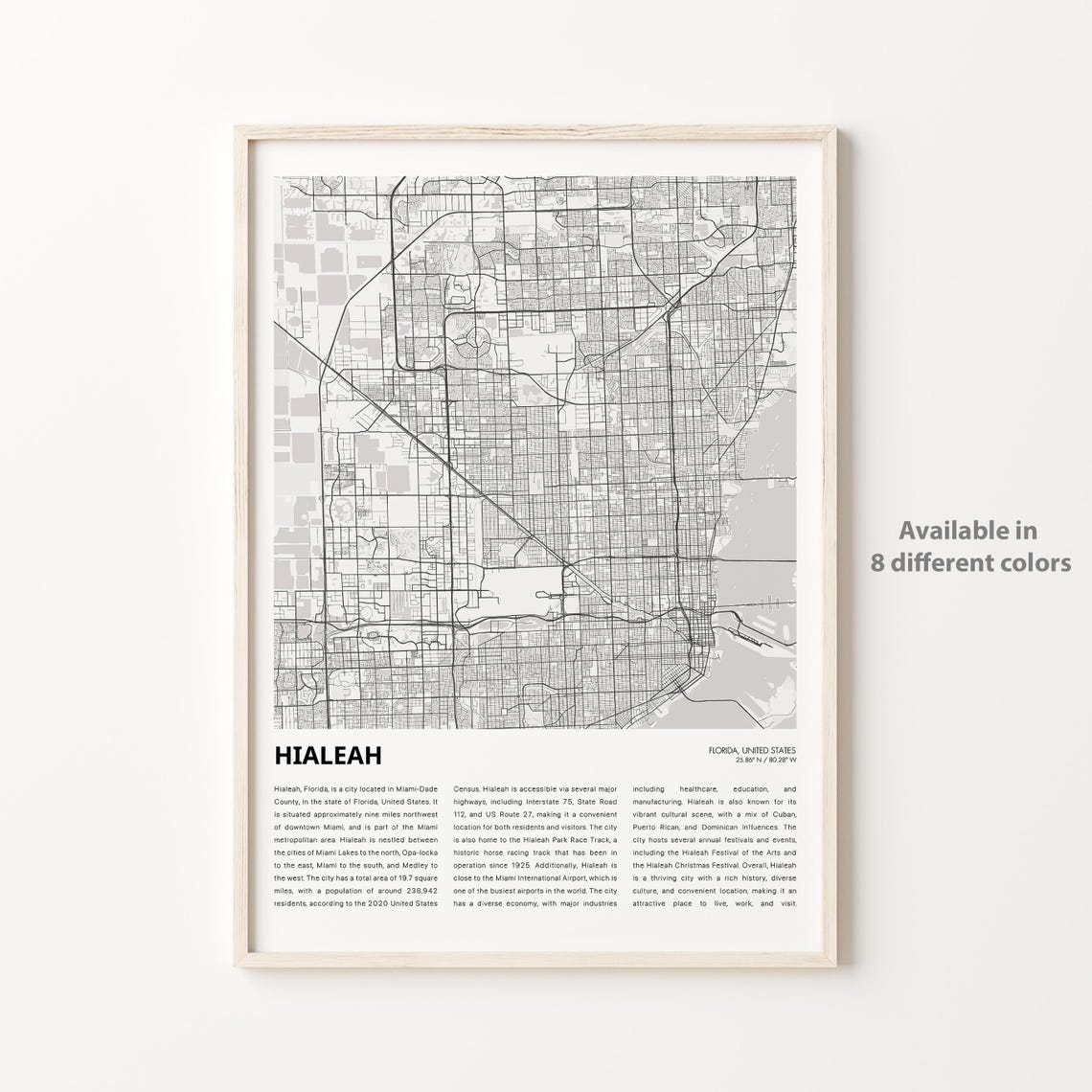 Hialeah Florida Minimalist City Street Map Travel Poster Gift