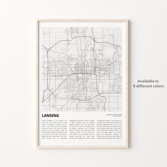 Lansing Map Print Travel Wall Decor Art Michigan Housewarming Gift