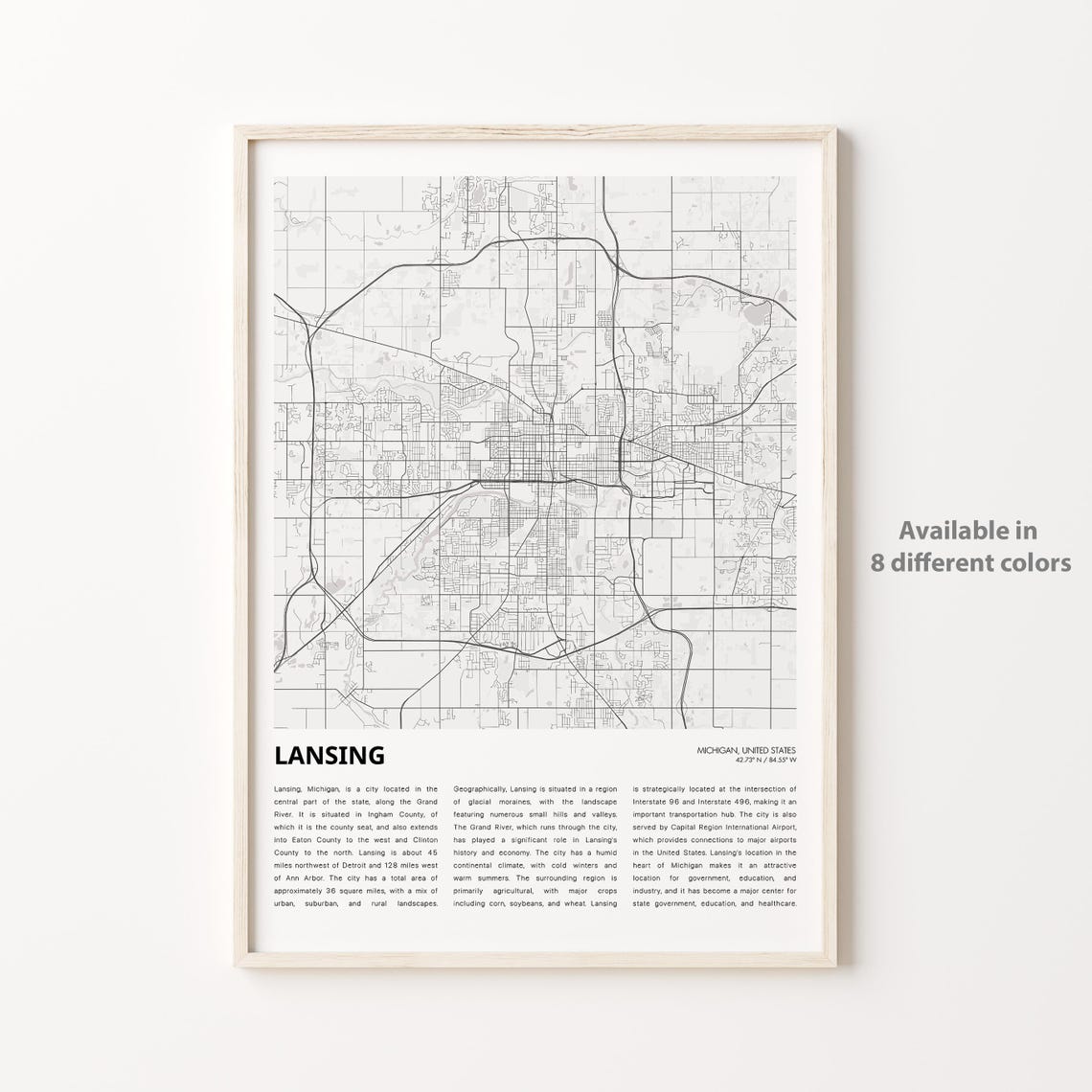 Lansing Map Print Travel Wall Decor Art Michigan Housewarming Gift