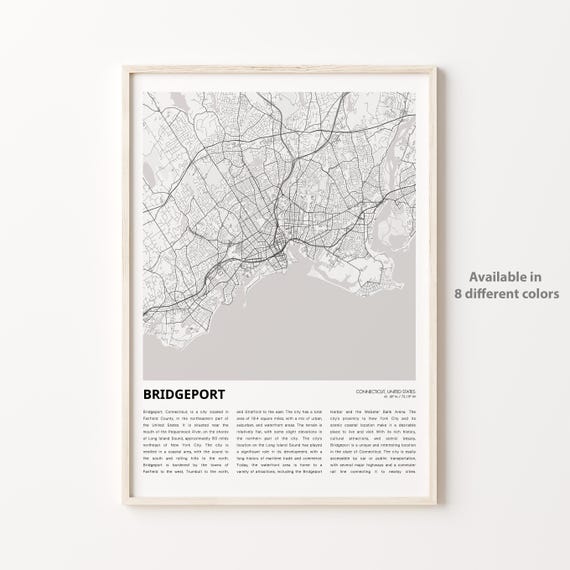 Bridgeport Map Print Travel Wall Decor Art Connecticut Housewarming Gift