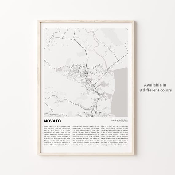 Novato California Minimalist City Street Map Bay Area Travel Gift Poster