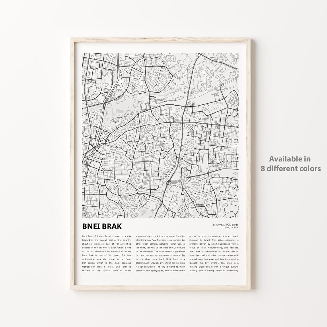 Bnei Brak Map Print Travel Wall Decor Art Tel Aviv District Housewarming Gift