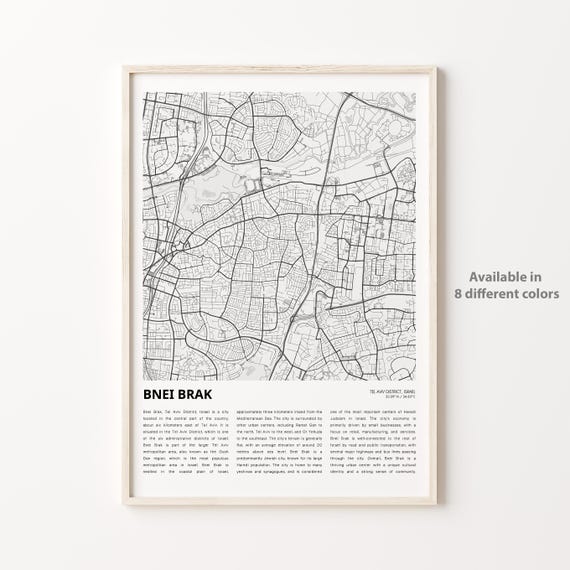Bnei Brak Map Print Travel Wall Decor Art Tel Aviv District Housewarming Gift