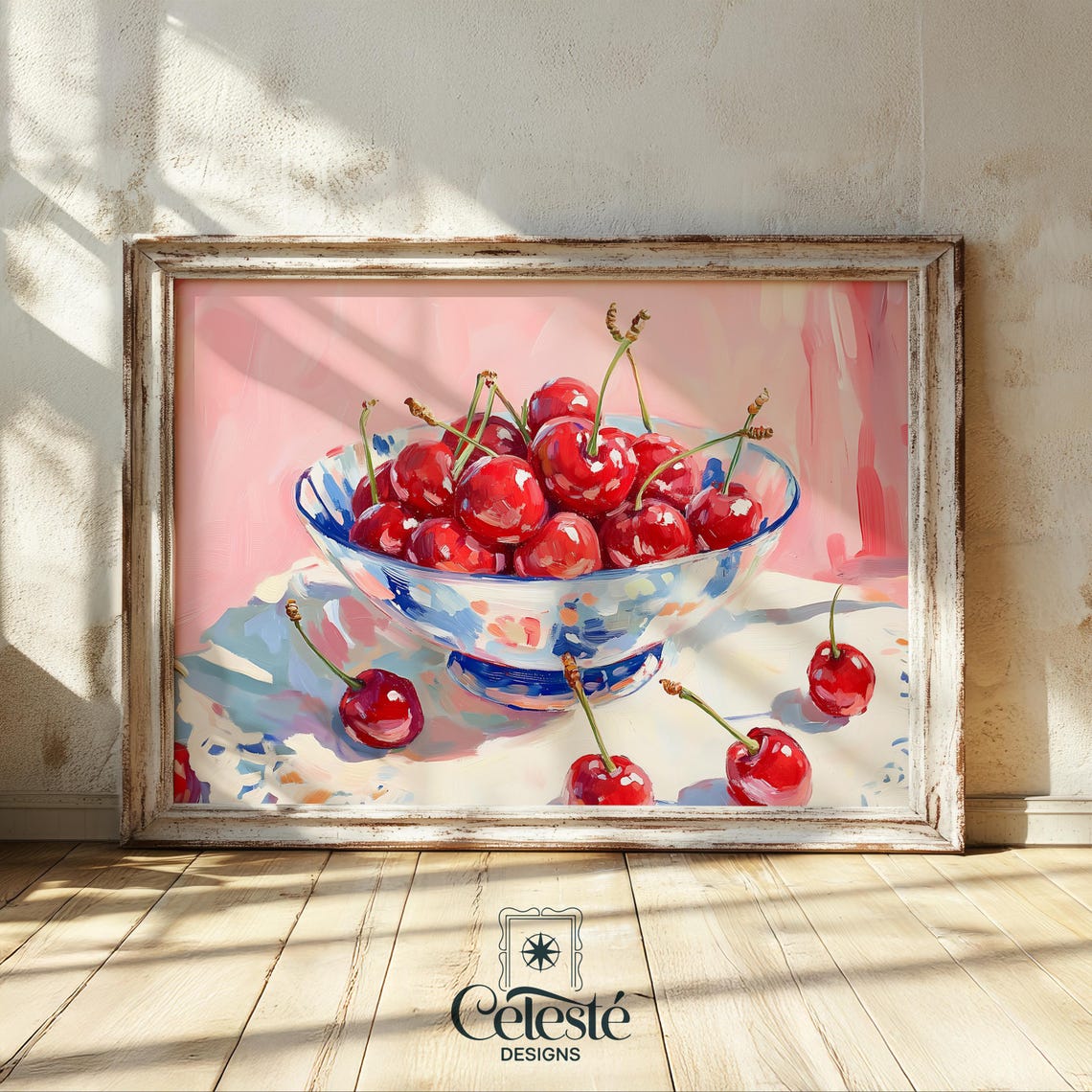 Fresh Red Cherries Blue Glass Bowl Pink Kitchen Still Life Art Poster
