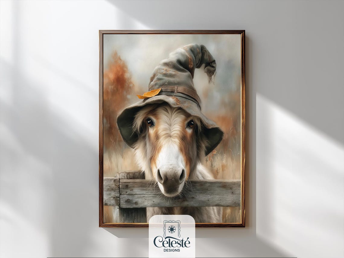 Whimsical Donkey In Witch Hat Peeking Over Fence Fall Farmhouse Print