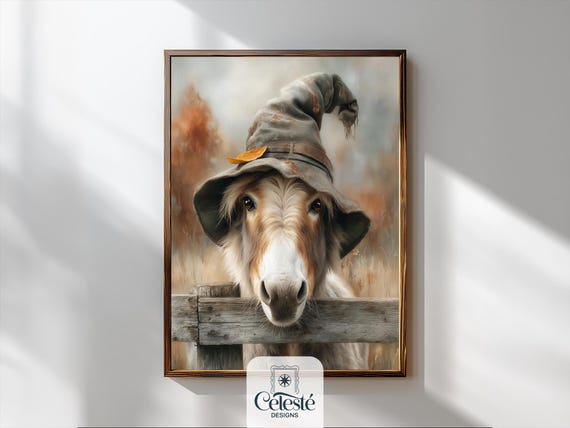 Whimsical Donkey Witch Hat Fall Print Farmhouse Halloween Decor