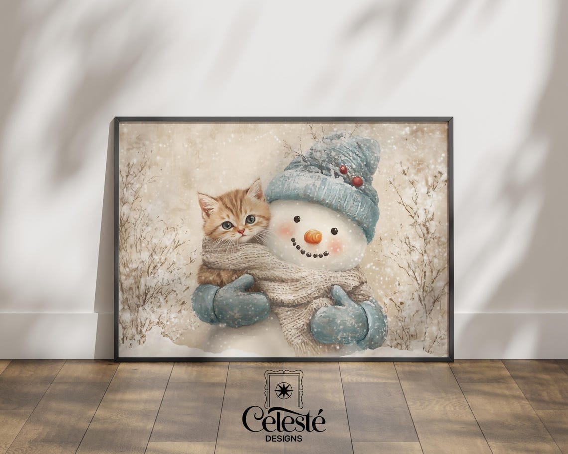 Snowman Hugging Ginger Kitten in Snowy Winter Scene Wall Art