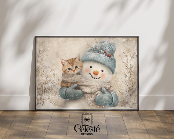 Kitten and Snowman Christmas Print Orange Tabby Cat Winter Holiday Watercolor