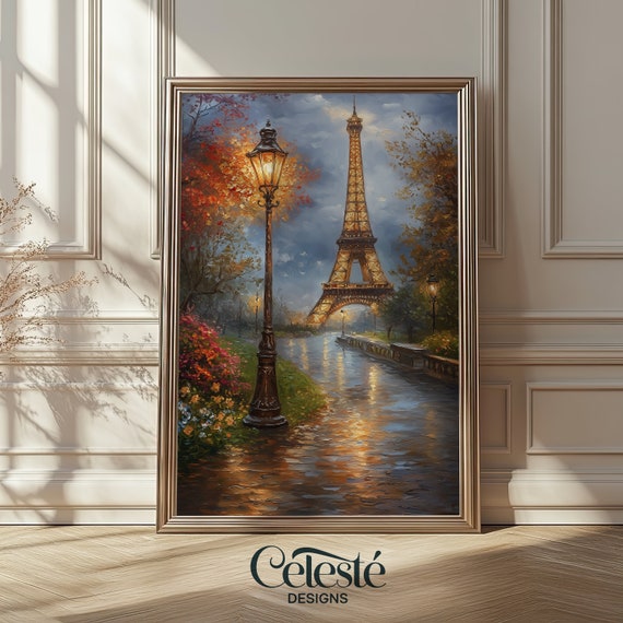 Paris Eiffel Tower Rainy Autumn Evening Street Lamp Oil Painting Poster