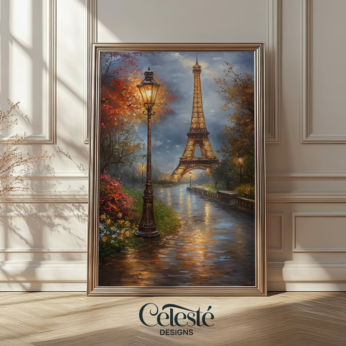 Paris Eiffel Tower Rainy Autumn Evening Street Lamp Oil Painting Poster