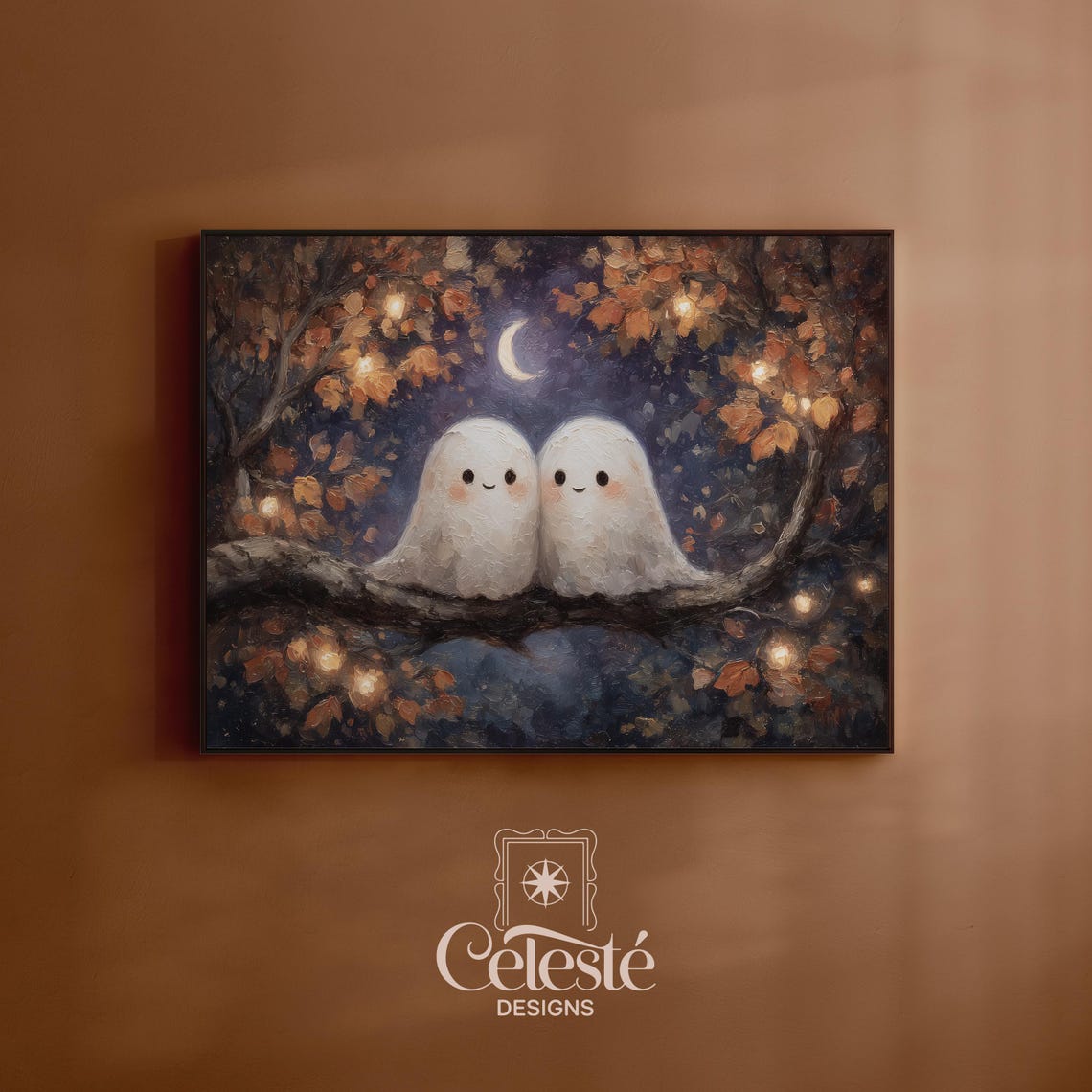 Couple Wall Art Cute Halloween Print Autumn Illustration Kawaii Ghosts Cosy Fall Decor