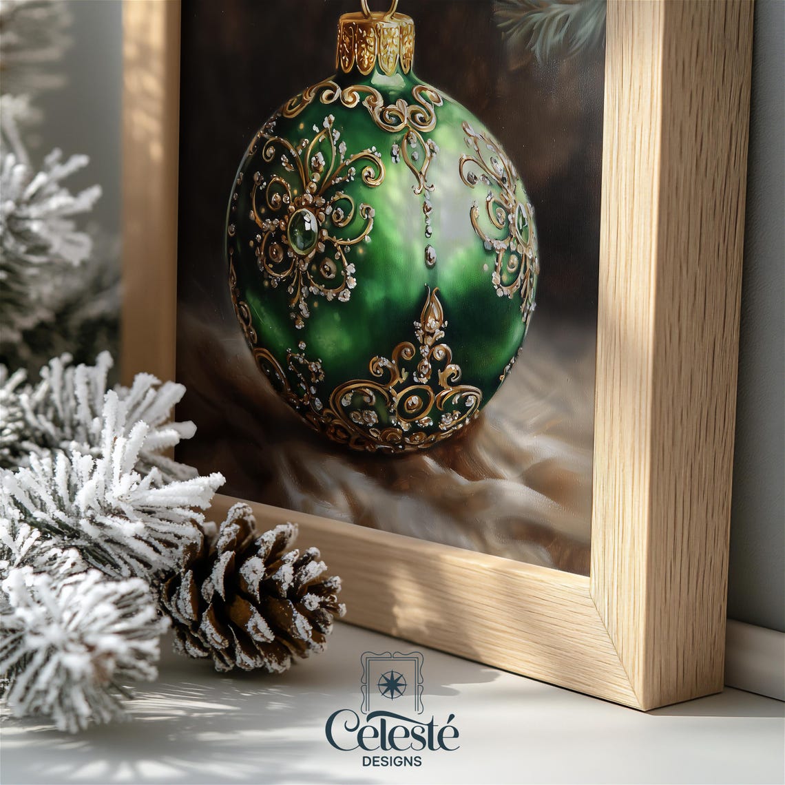 Emerald Green Vintage Christmas Ornament Elegant Holiday Wall Art