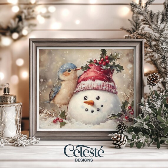 Snowman in Red Knit Hat With Bluebird Holly Christmas Art Poster