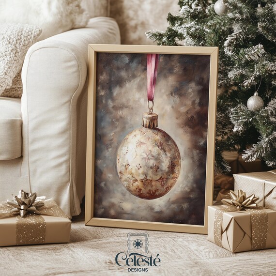 Vintage Gold Christmas Ornament With Pink Ribbon on Dark Background Print