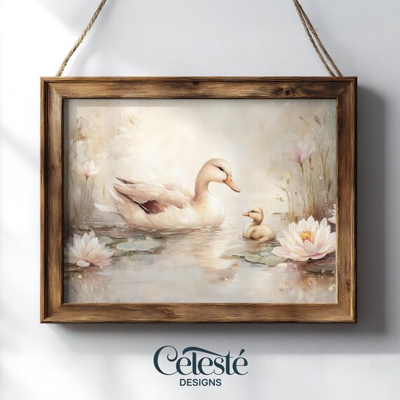 White Duck with Duckling Among Water Lilies Soft Pastel Nursery Poster