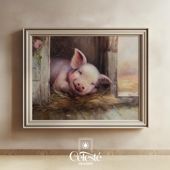 Sleeping Piglet in a Rustic Barn Nestled in Straw Farm Animal Print
