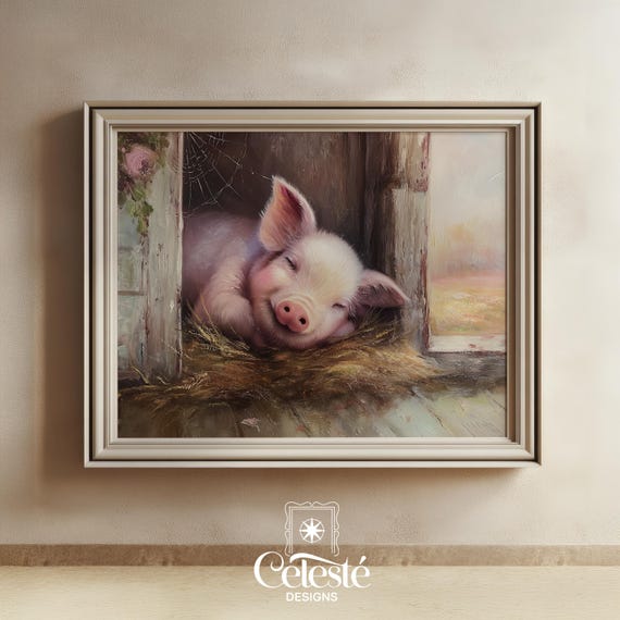 Sleeping Piglet Print Rustic Farm Nursery Art