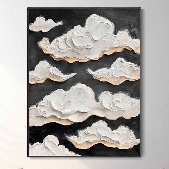 Original Cloud Oil Painting 3d Minimalist Sky Abstract Art Wall Decor Textured White Cloud Modern Home Wall Accent Knife Hand