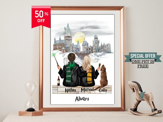 Personalized Wizard Family Or Couple Portrait Custom Magic Themed Print Gift For Bff All Occasions Loved Ones