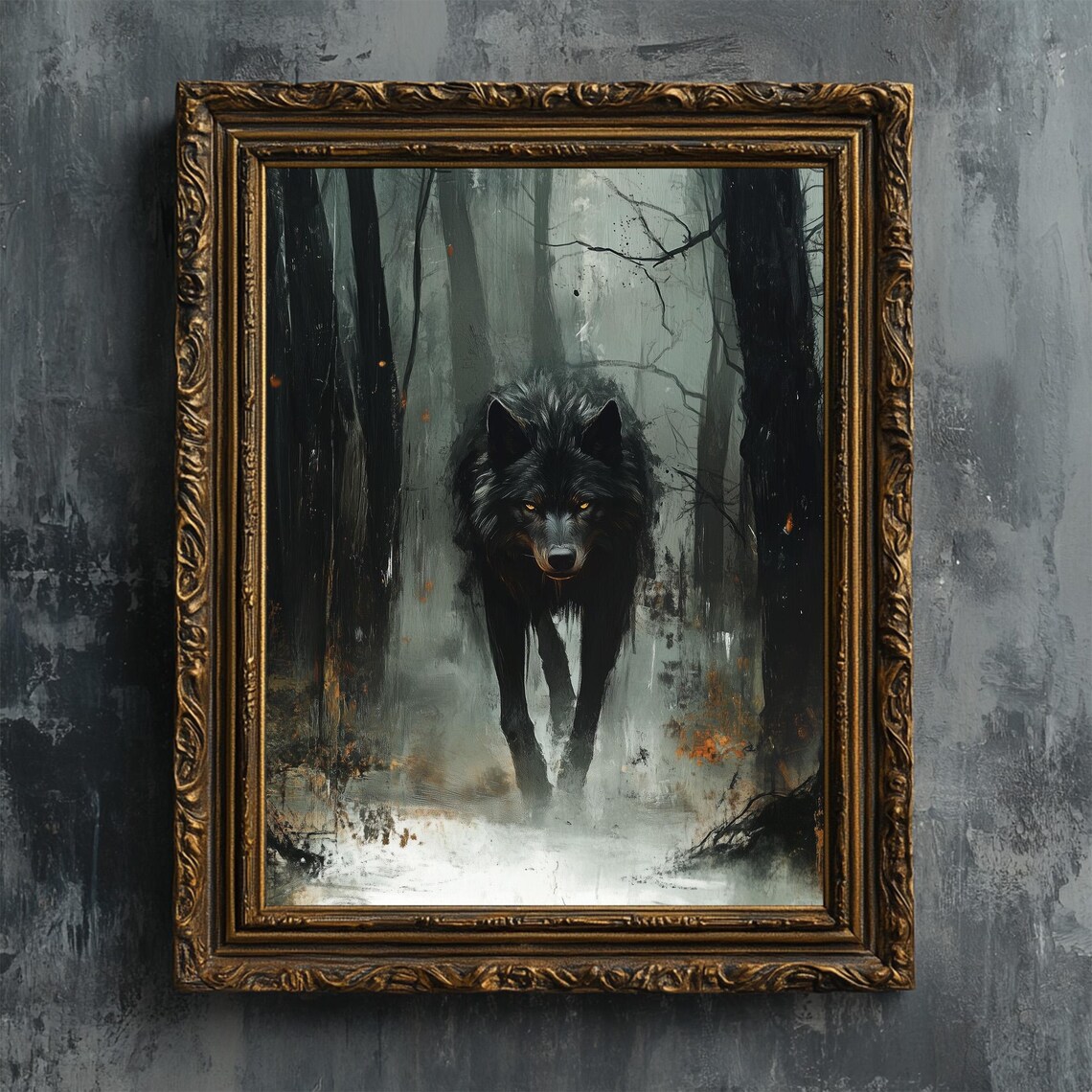 Black Wolf in Misty Forest, Oil Painting Art Print