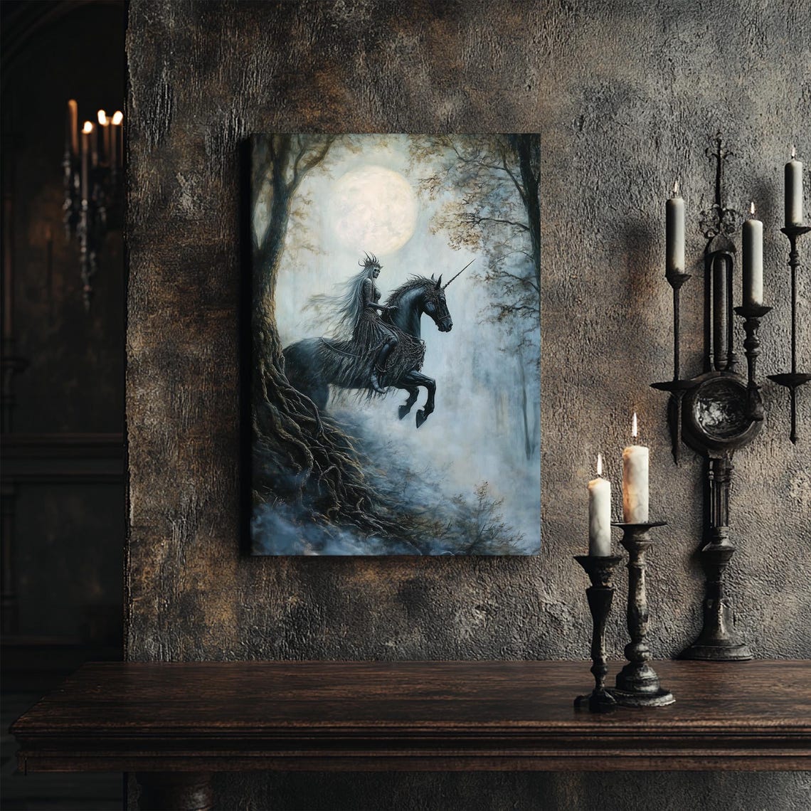 Forest Guardian Woman Riding Black Unicorn Moonlit Misty Night Print - Image 5