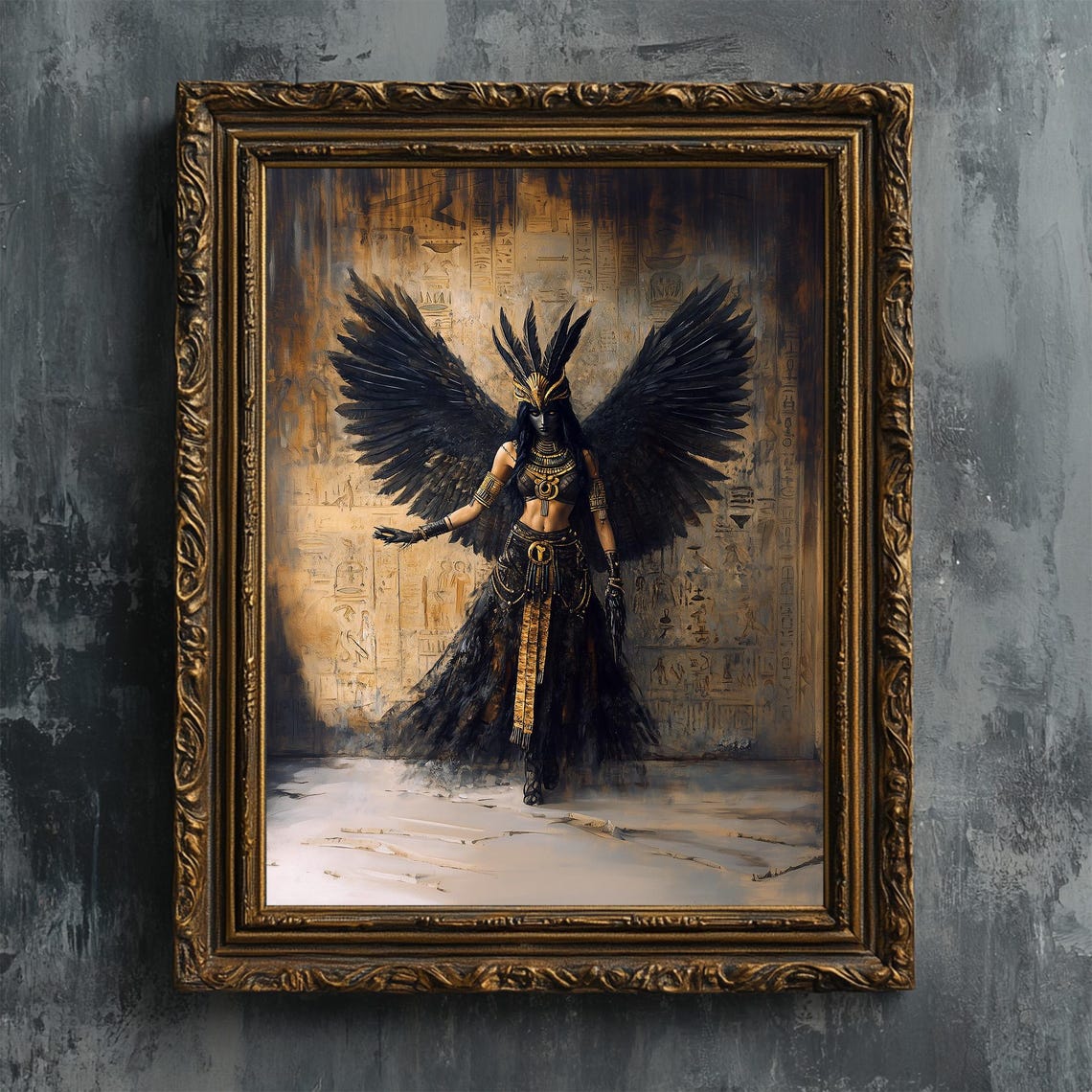 Maat Egyptian Goddess Black Wings Ancient Gold Oil Art Print - Image 6