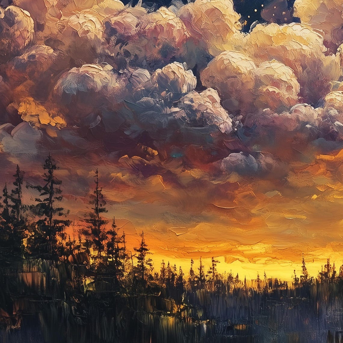 Misty Golden Full Moon Among Clouds Starry Night Forest Art Print - Image 6