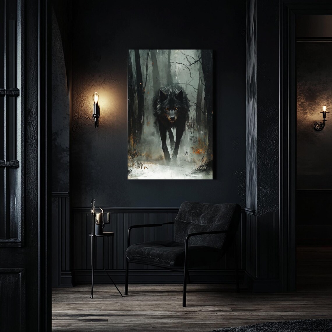 Black Wolf in Misty Forest, Oil Painting Art Print - Image 2