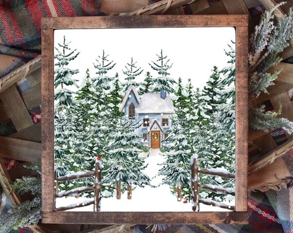 Blue Cabin Snowy Pines Wreath Door Winter Wonderland Watercolor Poster