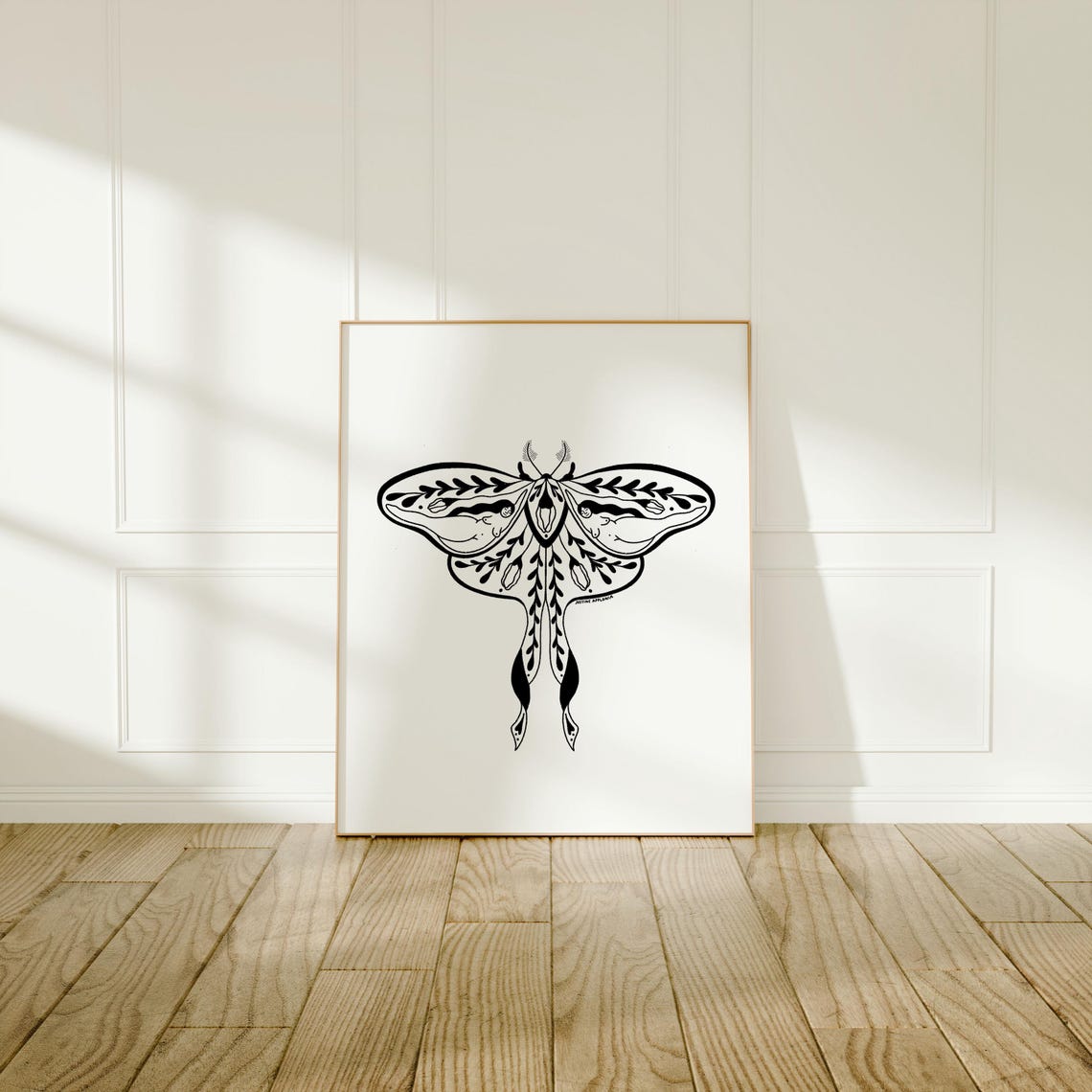 Black And White Luna Moth Botanical Line Art Feminine Wall Art - Image 3