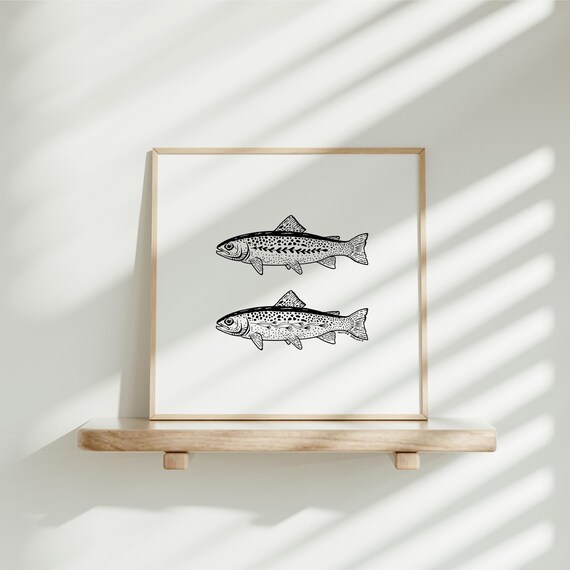 Fish Friends Black White Floral Botanical Nature Illustration Art Print