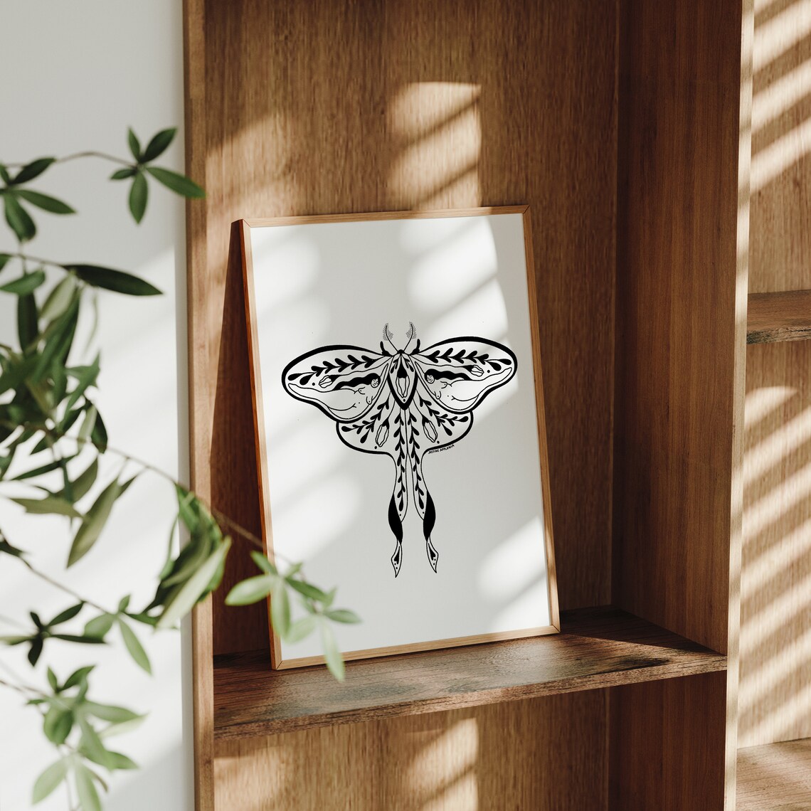 Black And White Luna Moth Botanical Line Art Feminine Wall Art - Image 2