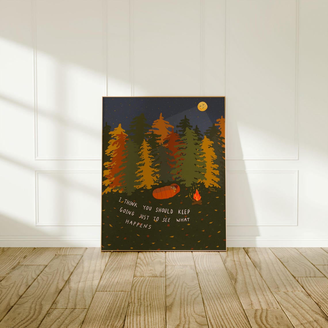 Keep Going Camping Quote Poster Cozy Forest Campfire Night Art - Image 2