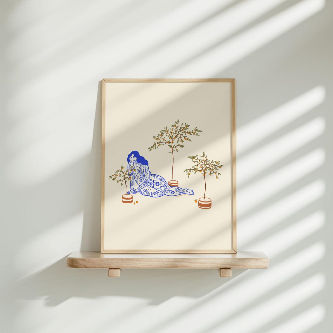 Tangerine Tree Botanical Blue Line Art Woman Illustration Poster