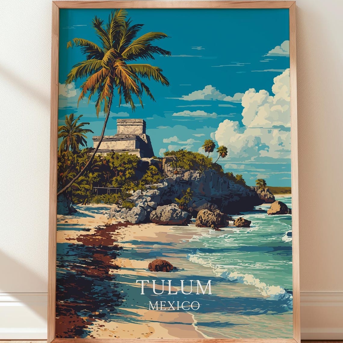 Tulum Mexico Ancient Mayan Temple Palm Trees Beach Travel Poster