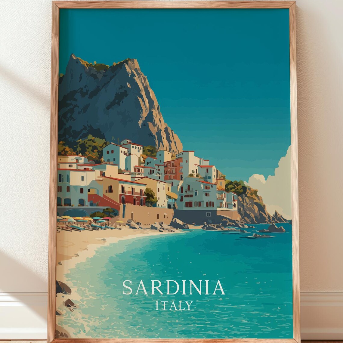 Sardinia Italy Seaside Town Under Craggy Cliffs Vintage Travel Poster