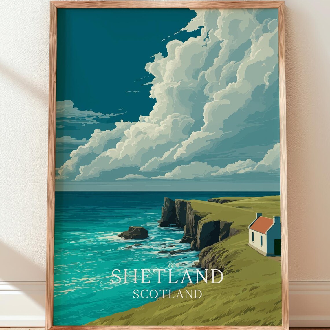 Shetland Scotland Travel Poster Coastal Cliffs Cottage Turquoise Sea Artwork