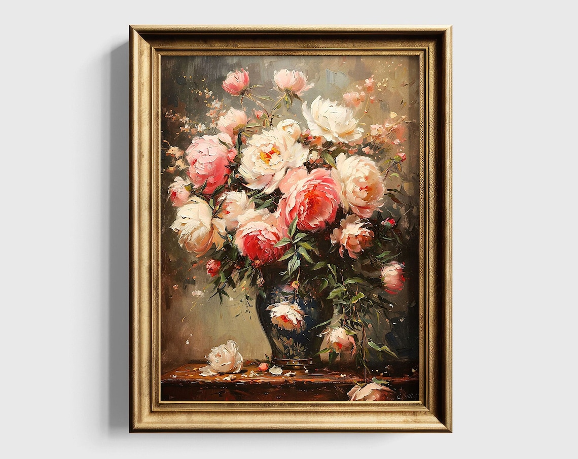 Moody Peony Bouquet Vintage Oil Painting Floral Still Life Poster