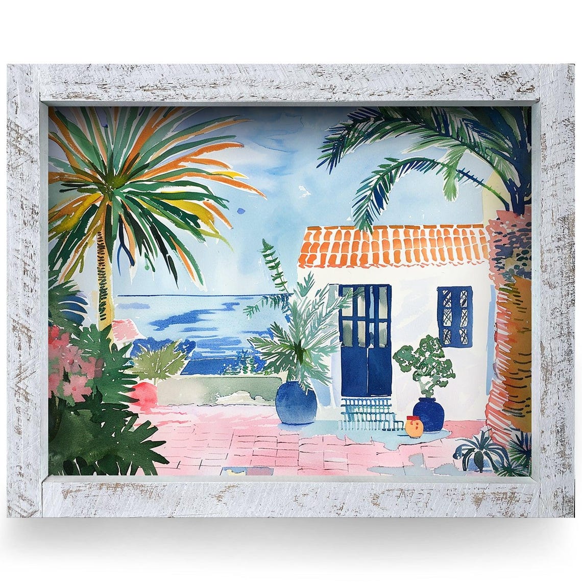 Mediterranean Seaside Villa Watercolor Coastal Escape Poster