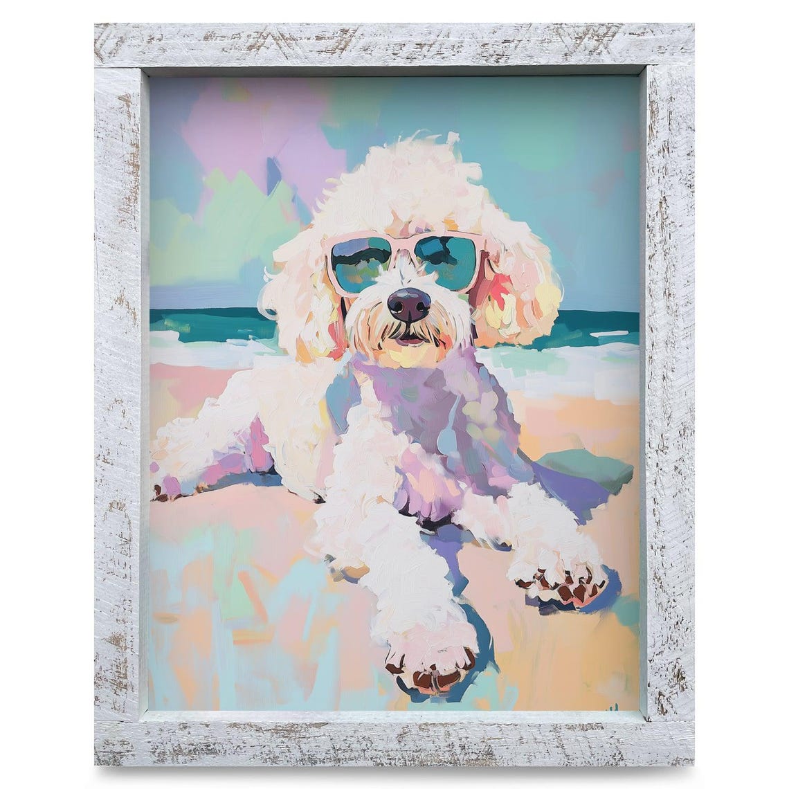 White Poodle Dog Relaxing in the Sun on a Sandy Beach Poster