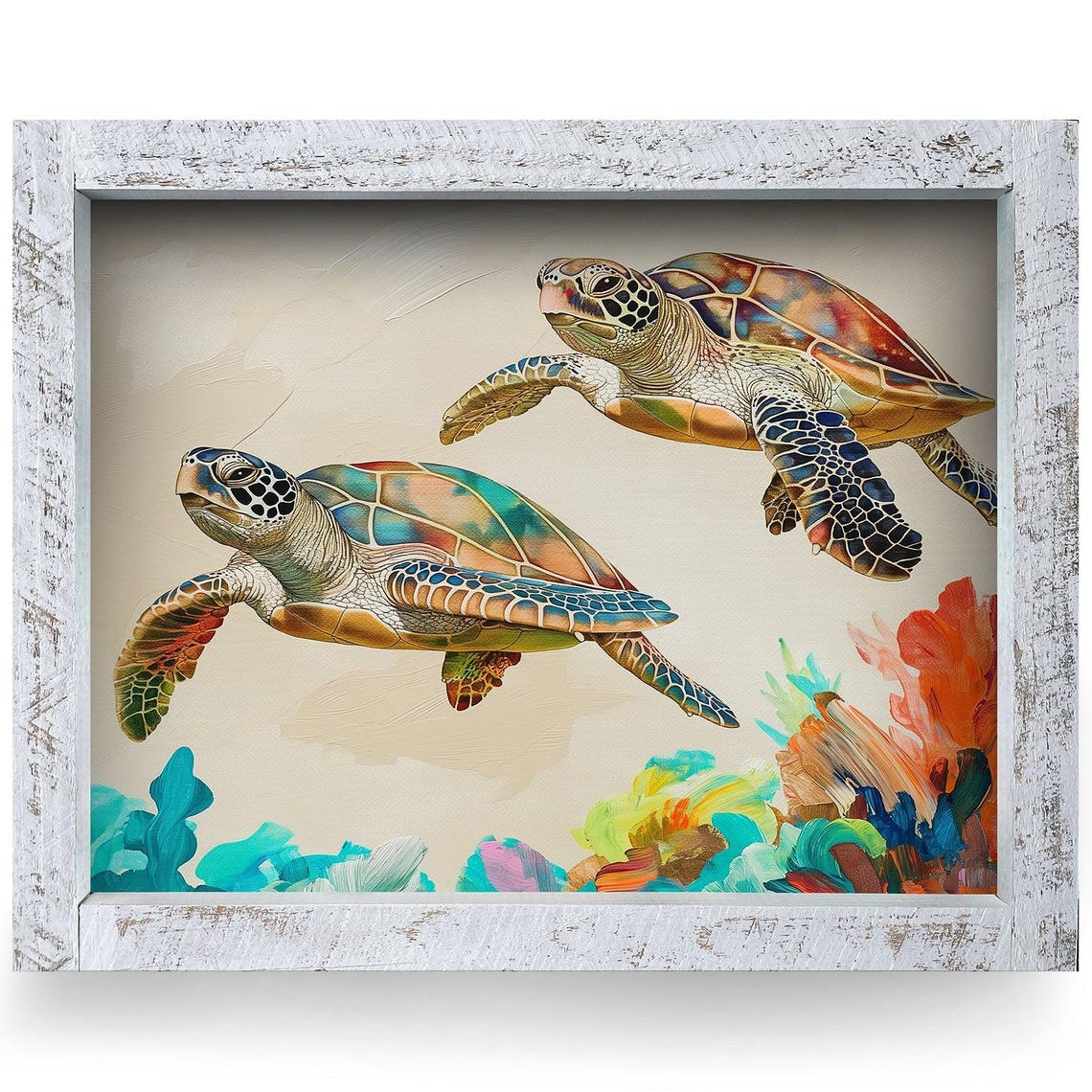 Two Colorful Sea Turtles Swimming Coral Reef Ocean Wall Poster