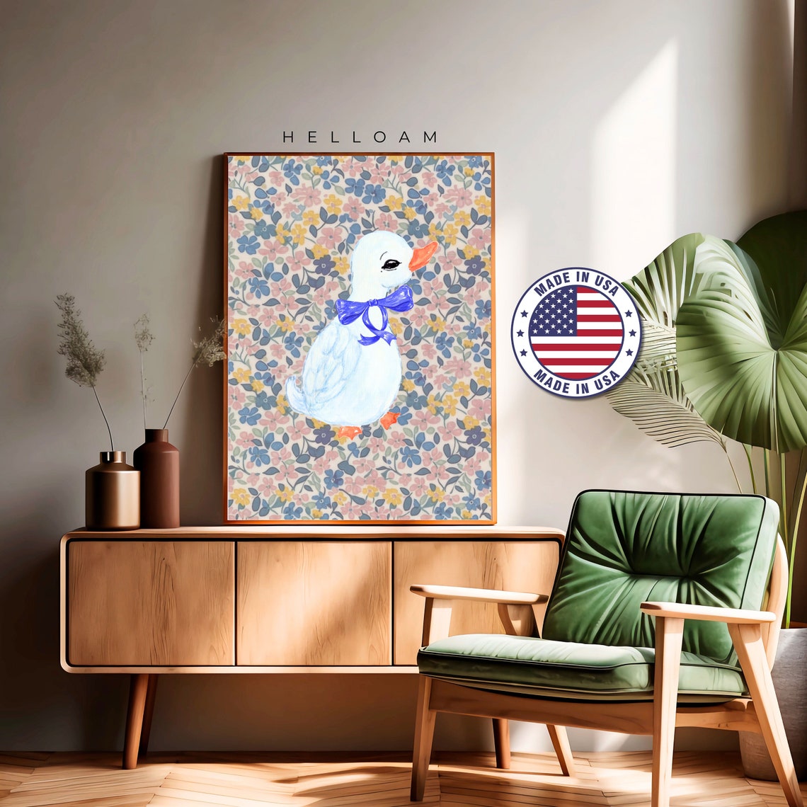 Cute White Goose Blue Ribbon Bow Pastel Floral Nursery Wall Poster - Image 4