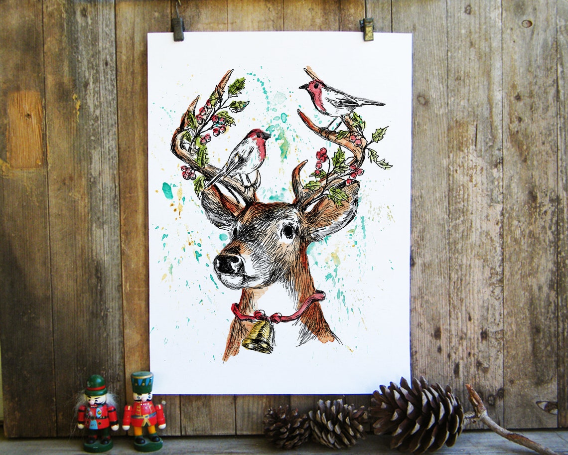 Christmas Reindeer Antlers With Birds Holiday Watercolor Art Poster - Image 2
